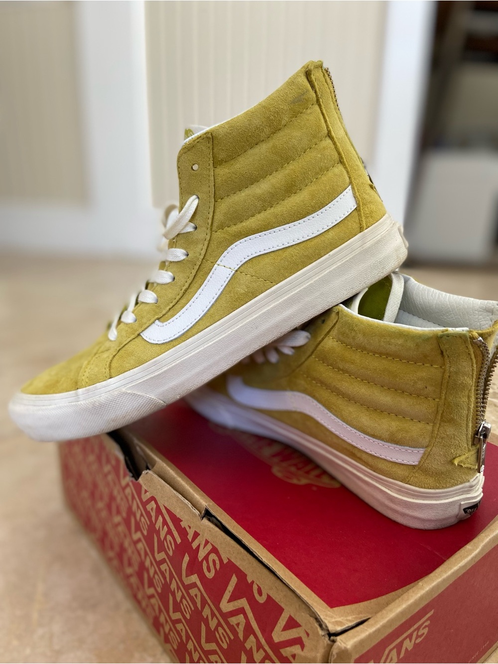 Vans High-Top Suede Sneakers in Mustard Yellow with White Stripe